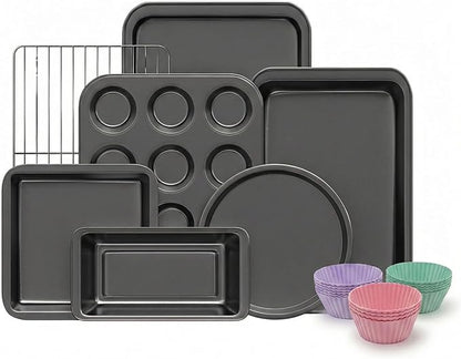 KITESSENSU Baking Pans Sets, Nonstick Bakeware Sets 19-Piece with Round/Square Cake Pan, Loaf Pan, Muffin Pan, Cookie Sheet, Roast Pan, Cooling Rack, Carbon Steel Bake Set