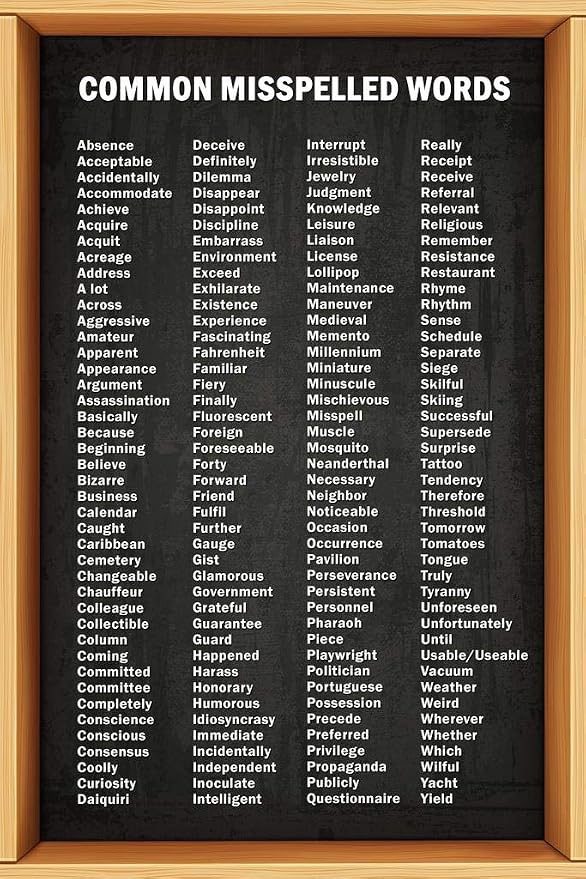 Commonly Misspelled Words Poster Writing Spelling For Middle School Classroom Elementary High Cool Wall Art Print Poster 16x24