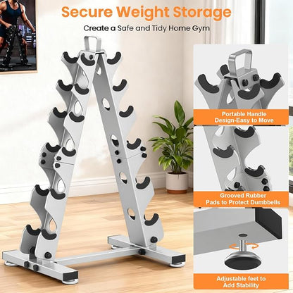 TomCare 6-Tier|5-Tier|4-Tier|2-Tier Dumbbell Rack Stand Only for Home Gym | Stable A-Frame, Fits 5–35 lb Dumbbells, Protective Padded Cradles, Adjustable Feet, Easy-Carry Handle (Stand Only)