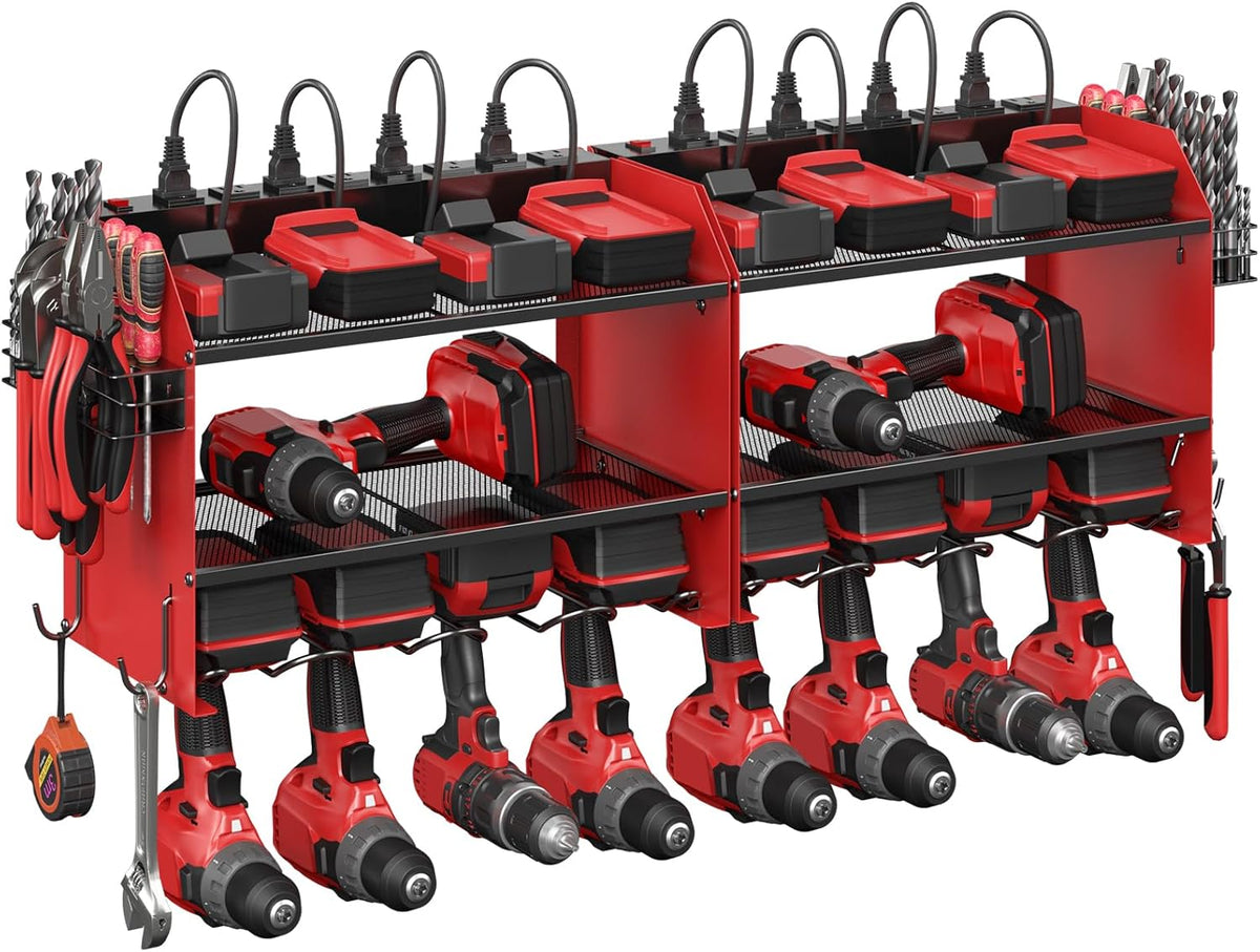 CCCEI Set Power Tool Organizer Wall Mount with Charging Station. Garage 8 Drills Storage Shelf with Hooks, Screwdriver, Drill Bit Heavy Duty Rack, Tool Battery Holder Built in 8 Outlet Power Strip.