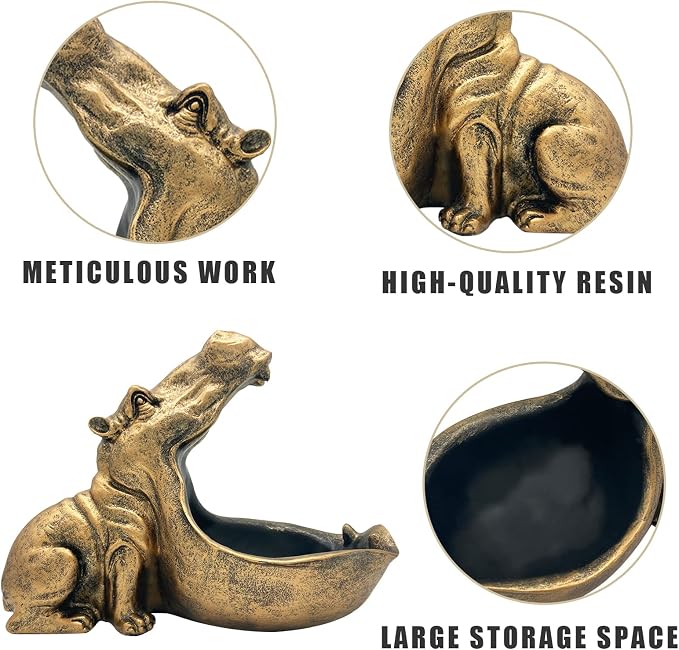 aboxoo Hippo Statue Home Resin Hippopotamus Figurine Sculpture Table Art Decoration Sundries Key Container Storage Box (Gold)