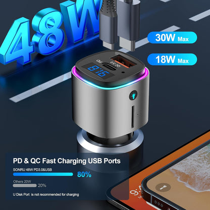(Upgraded Version) FM Transmitter Bluetooth, SONRU Bluetooth Car Adapter [PD 30W & QC3.0 18W], Wireless FM Radio Transmitter, Hands-Free Calling, Siri Google Assistant, TF Card