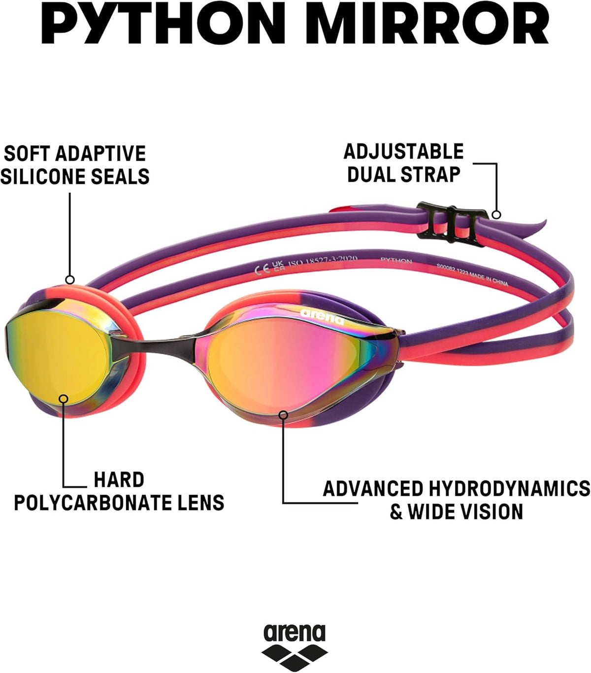 ARENA Unisex Python Racing Swim Goggles for Men and Women Anti-Fog No Leak Max Comfort Dual Strap, Mirror/Non-Mirror Lens