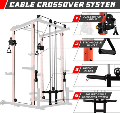 RitFit Multi-Function Squat Rack Power Cage PPC03 with Cable Crossover System, 1000LBS Capacity Power Rack and Packages with Optional Weight Bench, Barbell Weight Set, for Garage Workout & Home Gym