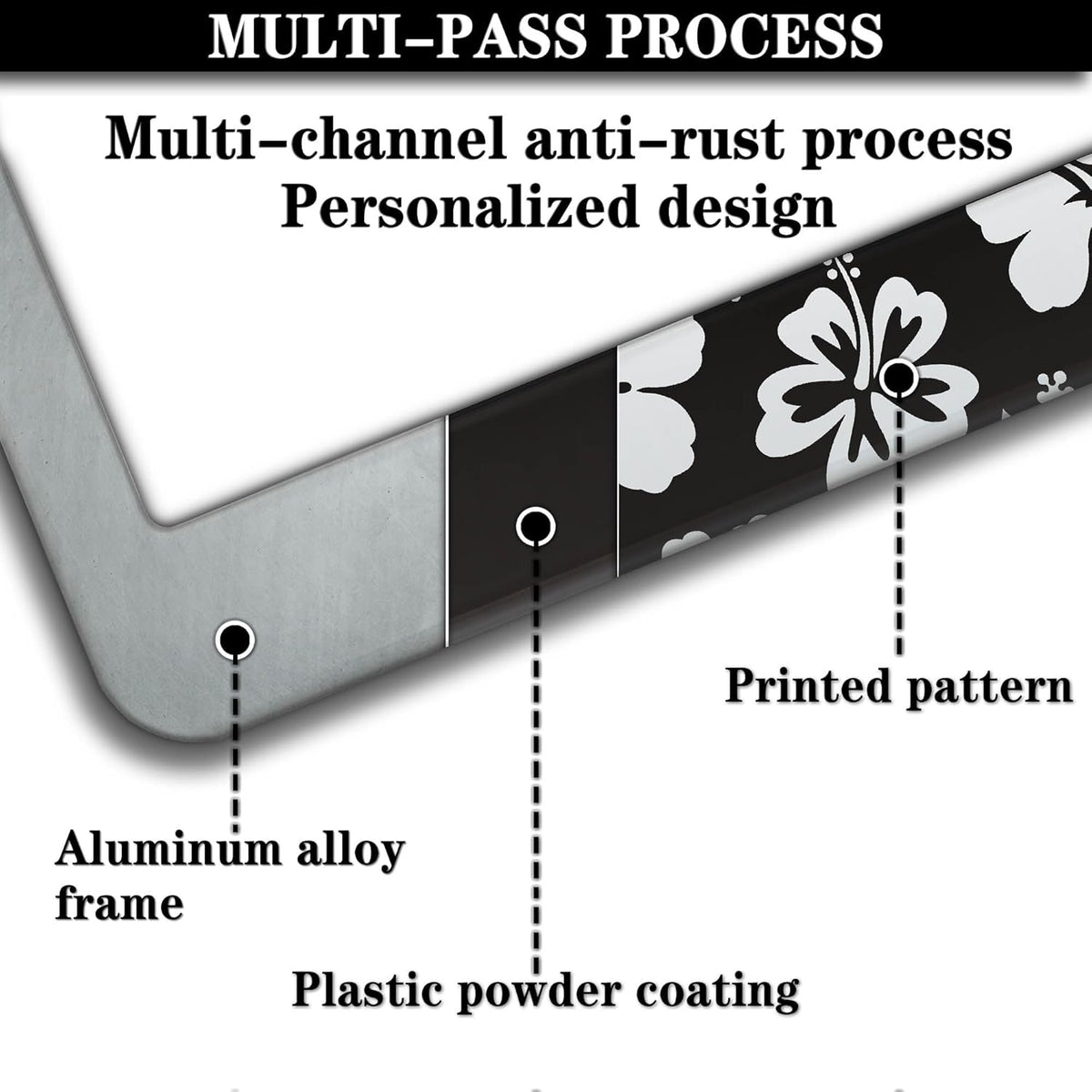 Automotive Exterior Accessories Black and White License Plate Frames Beautiful Hibiscus Flowers Universal Aluminum Car Accessory 2 Pack with Screw Covers Set