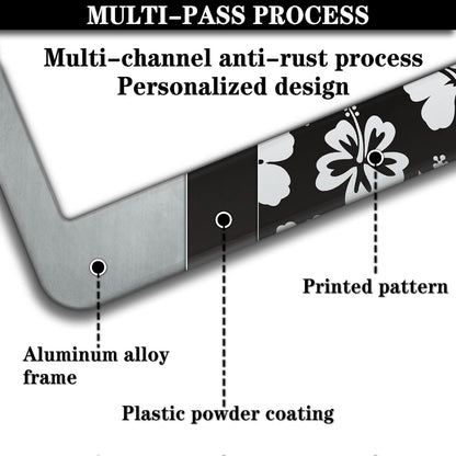 Automotive Exterior Accessories Black and White License Plate Frames Beautiful Hibiscus Flowers Universal Aluminum Car Accessory 2 Pack with Screw Covers Set