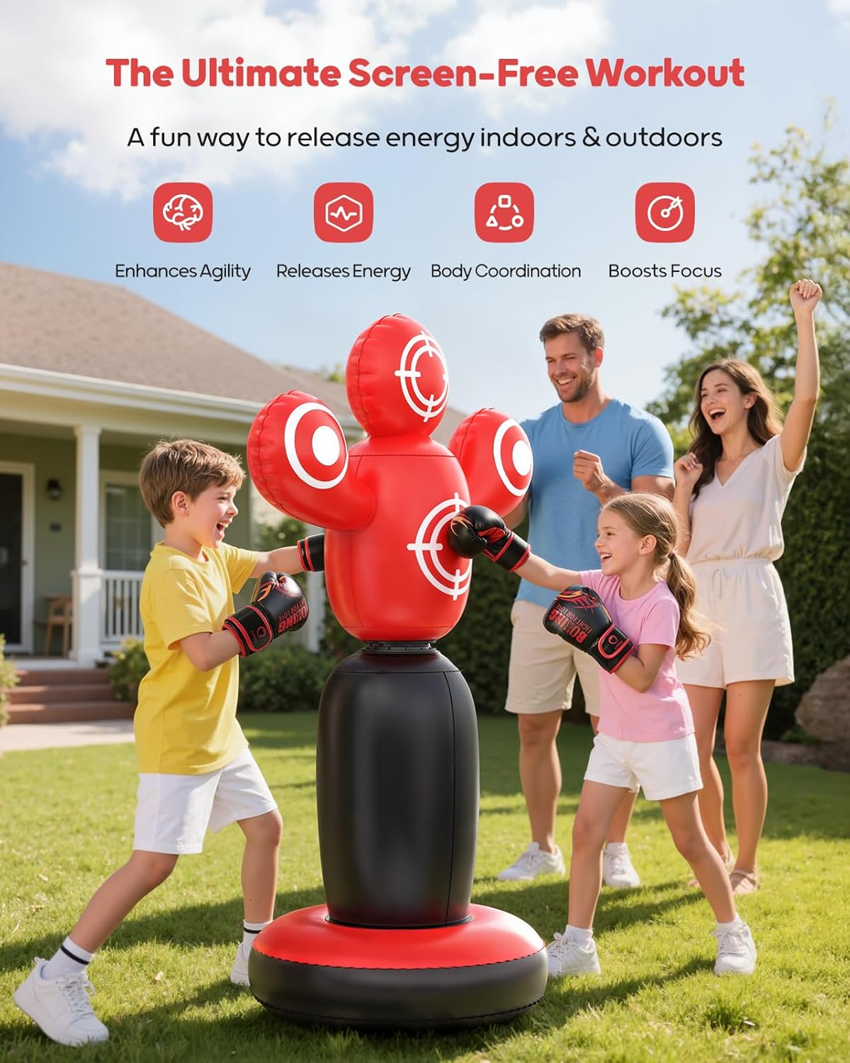 QPAU 360° Rotatable Kids Punching Bag - 64" Boxing Bag with 4 Targets & Kids Boxing Gloves, Inflatable Punching Bags with Hand Pump, Karate Taekwondo Training Gift Boys Girls