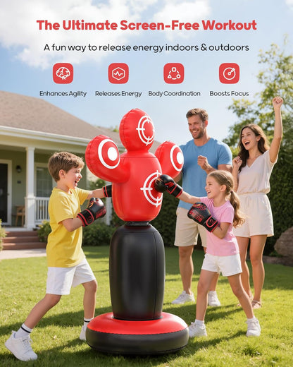 QPAU 360° Rotatable Kids Punching Bag - 64" Boxing Bag with 4 Targets & Kids Boxing Gloves, Inflatable Punching Bags with Hand Pump, Karate Taekwondo Training Gift Boys Girls