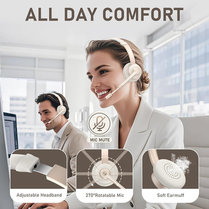 Wireless Headset, Bluetooth Headphones with Microphone Noise Canceling & USB Dongle, Singler-Ear Bluetooth Headset with Mic Mute for Cell Phone Computer Work Office Meetings Trucker Teams Skype Call