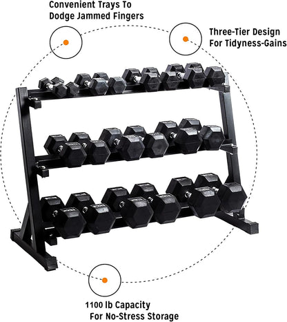 3-Tier Dumbbell Rack Multilevel Weight Storage Organizer for Home Gym, Weight Rack for Dumbbells, Kettlebells, 1100LBS(Rack Only)