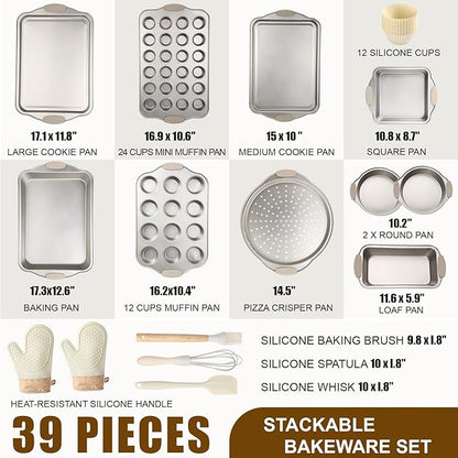 39 Pcs Nonstick Baking Pans Set Stackable Bakeware Set with Silicone Handles, 450°f Oven Safe Easy Release Baking Sheet Sets Cookie Sheets Sets for Cooking
