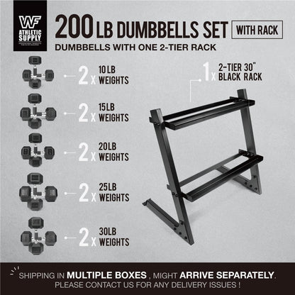 WF Athletic Supply 200Lb Dumbbell Set, 10-30Lb Dumbbell Set with Two-Tier Storage Rack for Muscle Toning, Strength Building & Weight Loss - Multiple Choices Available