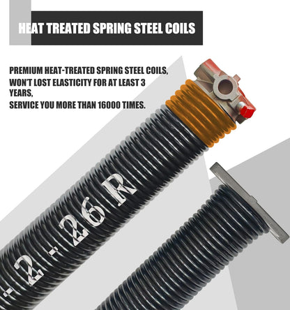 Garage Door Torsion Spring Set, Pair of 2" Electrophoresis Coated Garage Door Spring Replacement with 2 Non-Slip Winding Bars and Bearing, Minimum 16000 Cycles (.234x2x26")