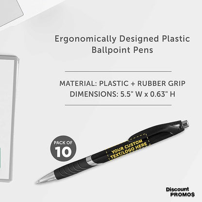 DISCOUNT PROMOS Ballpoint Pens With Rubber Grip - 10 pack - Customizable Text, Logo - Black Ink Ball Point Pen with Soft Touch Plastic - Black