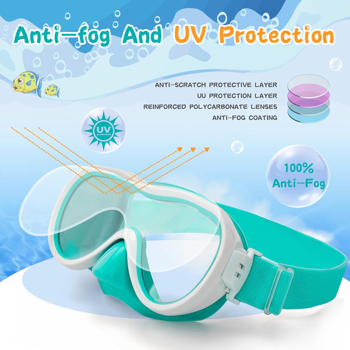 Kids Swim Goggles 180° Snorkel Diving Mask with Nose Cover, Anti-Fog Kids Swimming Goggles with Elastic Fabric Strap for Kids Boys Girls