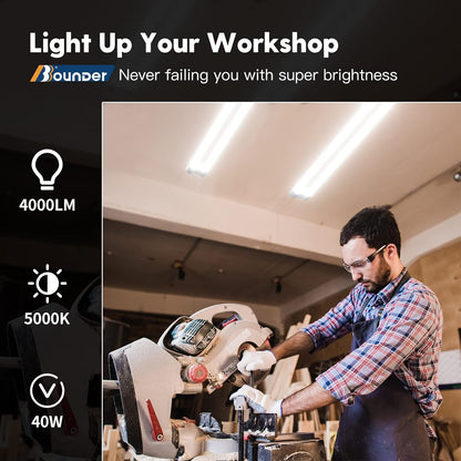 Bbounder 10 Pack Linkable LED Utility Shop Light, 4 FT Integrated Fixture for Garage, 40W Equivalent 250W, 5000K Daylight, Surface + Suspension Mount, Florescent Light Fixture Replacement, White