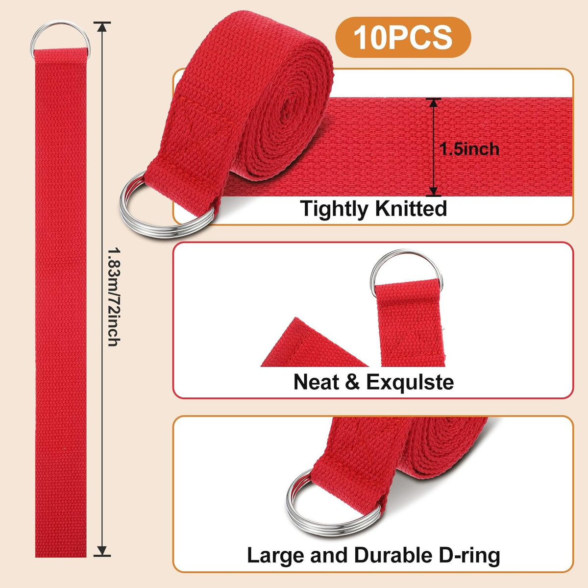 10 Pcs Yoga Strap for Stretching Bulk 6ft Exercise Stretch Band with Metal D Ring Adjustable Pilates Non Elastic Yoga Stretch Belt for Women Men Physical Fitness Gym Workout Dance