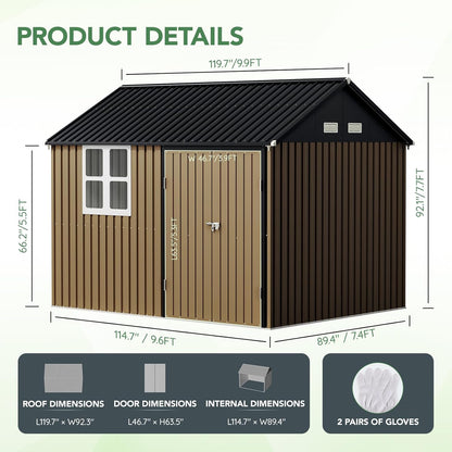 10X8FT Outdoor Steel Storage Shed with Lockable Doors, One Big Window,Ideal for Garden, Backyard, Patio Storage,Brown
