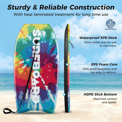 KOTEK 33/37/41 Inch Body Board with Wrist Leash, EPS Core, Dual Channel, HDPE Slick Bottom, Bodyboard for All Skill Levels & Wave Conditions
