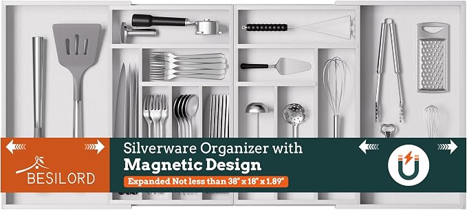 Silverware Organizer Large, Magnetic Connected Expandable 13 Slots Silverware Drawer Organizer from 21 to 37.4 Inches, Adjustable Flatware and Cutlery Holder, Bamboo Utensil Tray for Kitchen White