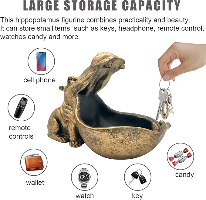 aboxoo Hippo Statue Home Resin Hippopotamus Figurine Sculpture Table Art Decoration Sundries Key Container Storage Box (Gold)