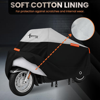 Motorcycle Cover Waterproof Outdoor with Cotton Lining, All Weather Protection from Rain, Dust & Snow - 300D Heavy Duty, Lock Holes, Storage Bag, Universal Fits up to 108" Motorcycles - MC2