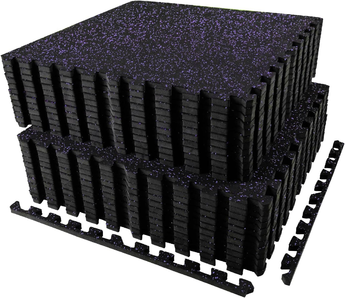 0.56in Thick 96 Sq Ft Exercise Equipment Mats, 24 Tiles Upgraded Rubber Top with High Density EVA Foam, Large Interlocking Puzzle Gym Flooring for Home Gym, Heavy Weight Workout, Black & Purple