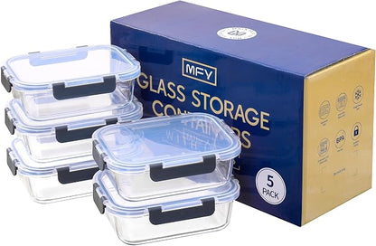MFY 5-Pack 36 OZ Glass Storage Containers with Lids, Glass Meal Prep Containers Set, Airtight Lunch Containers with Lids, Microwave, Oven, Freezer and Dishwasher Safe, Gray
