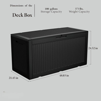 100 Gallon Resin Deck Box, Waterproof Outdoor Storage Bin for Patio Furniture, Pool Accessories, and Garden Tools, Lockable & UV-Resistant, Black