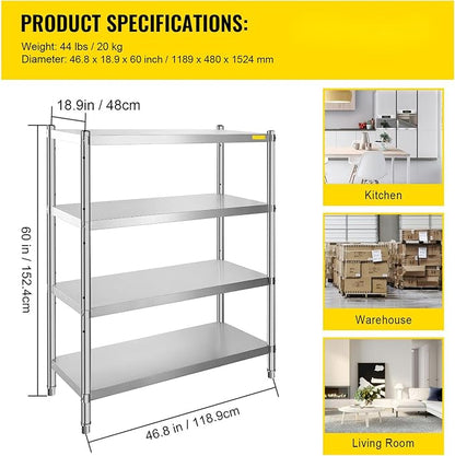 VEVOR Stainless Steel Shelving 46.8x18.5 Inch 4 Tier Adjustable Shelf Storage Unit Stainless Steel Heavy Duty Shelving for Kitchen Commercial Office Garage Storage 330lb Per Shelf