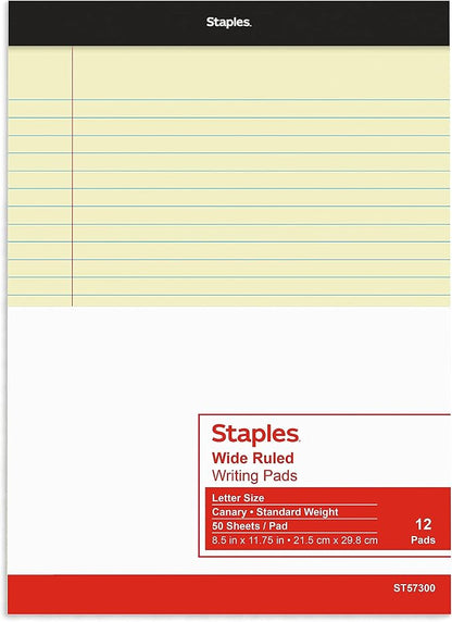 Staples Legal Pads, 8.5x11.75 Inch, Wide Ruled, Yellow, 12-Pack