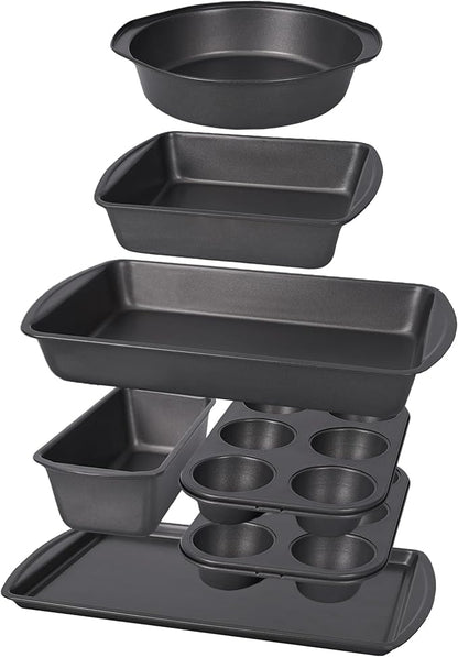 LISI 7 Piece Baking Pans Set Non Stick, Heavy-Duty Carbon Steel Oven Pan Set Include Muffin Pan, Loaf Pan, Cake Pan & Roasting Pan, PFA Free Non Toxic Make a Great Gift for Family