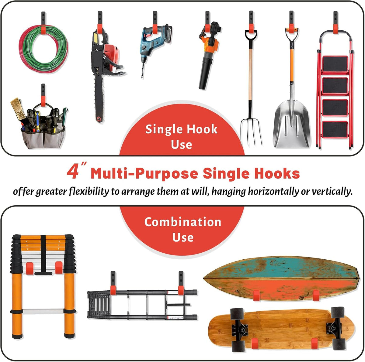 4 Inch Garage Hooks, 6 Pack Heavy Duty Wall Hooks for Hanging, Ladder Hangers for Garage Wall Mount, Steel J Utility Garden Hose Holder Tool Organizers and Storage(55lbs)