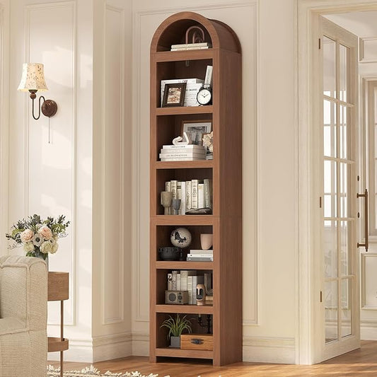 UPOSOJA 76" Tall Narrow Arched Bookcase,7-Teir Mid-Century Modern Bookshelf,Adjustable Shelves offering More Storage Space for Living Room,Kitchen,Home Office (Brown, Narrow)