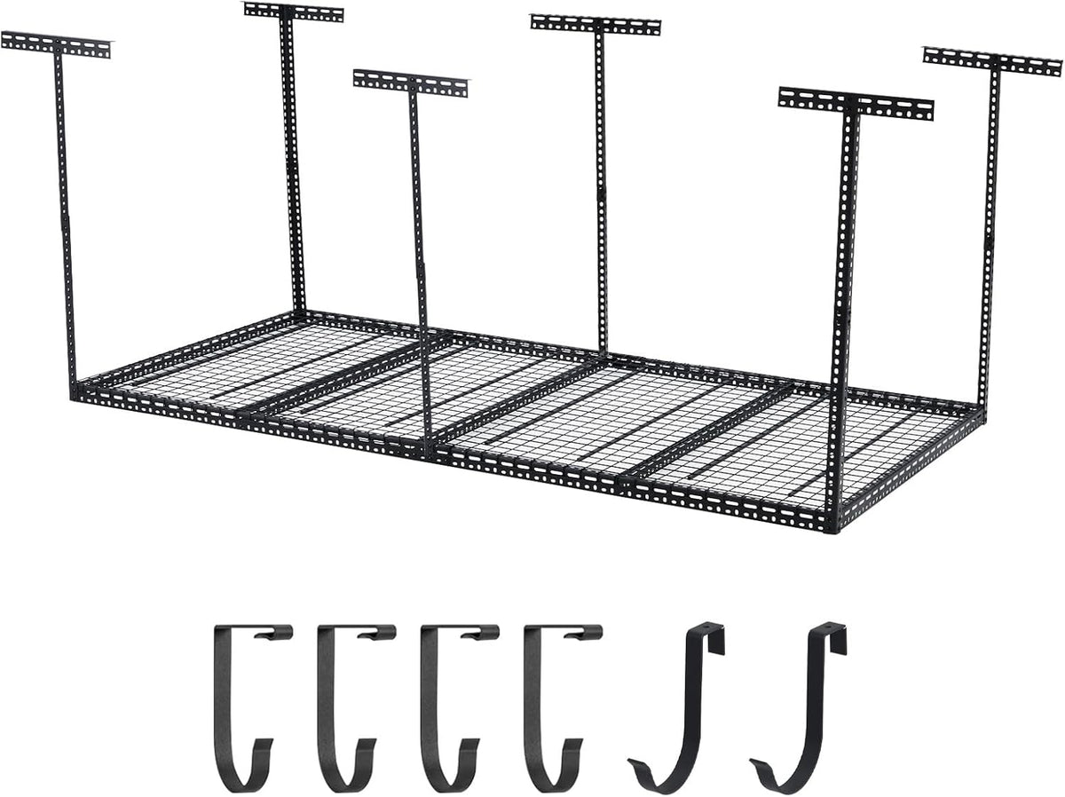 Overhead Garage Storage Rack 4x8 FT, Steel Ceiling Shelves 660lb Capacity, Height Adjustable 22-40 Inches, Space-Saving for Attic Basement Shed (Black, 6 Posts)