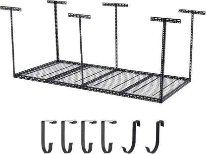 Overhead Garage Storage Rack 4x8 FT, Steel Ceiling Shelves 660lb Capacity, Height Adjustable 22-40 Inches, Space-Saving for Attic Basement Shed (Black, 6 Posts)