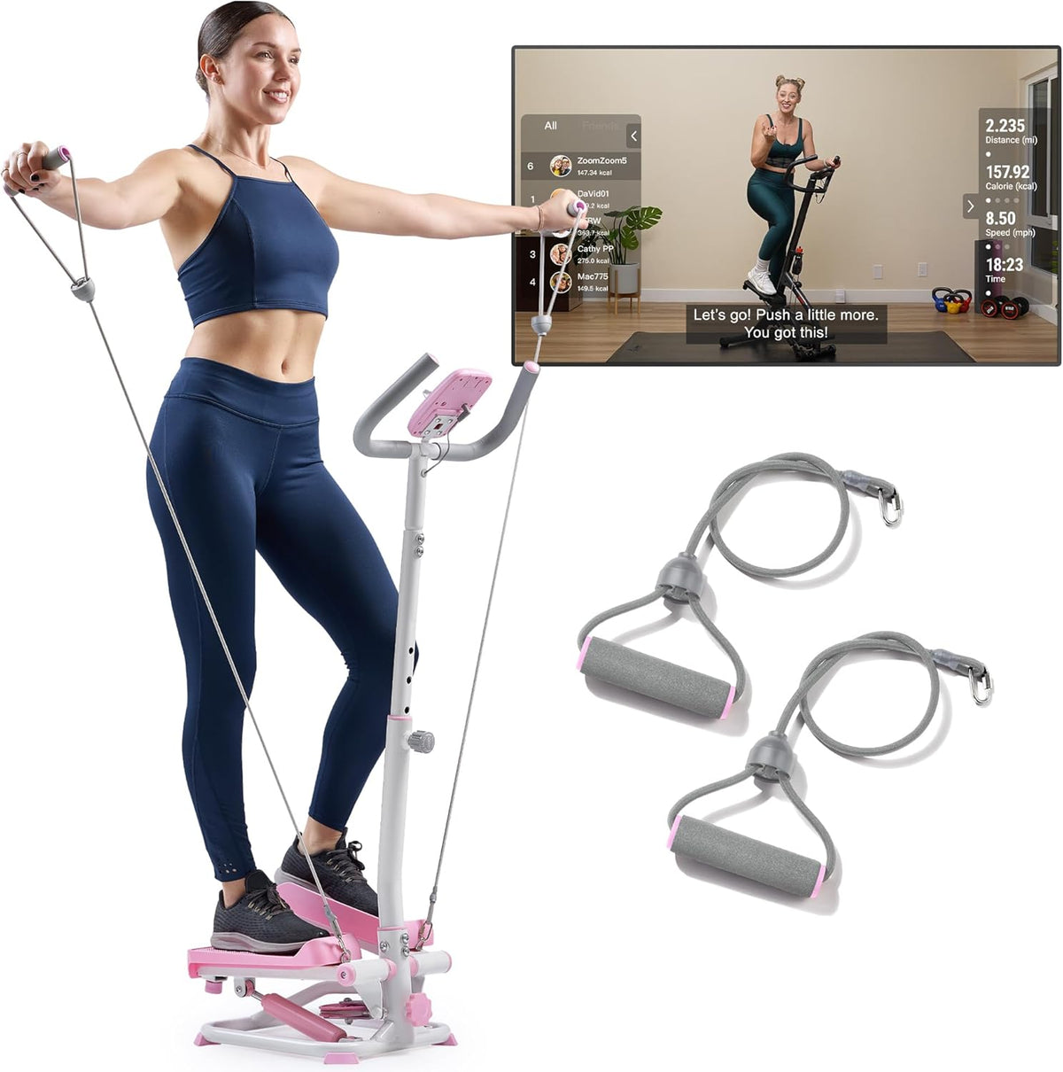 Sunny Health & Fitness Total Body 2-in-1 Smart Stepper Machine for Home with Handlebar and Resistance Bands, Total Body Workout, Adjustable Hydraulic, LCD Monitor, Non-Slip Pedals – 330 LB Max Weight