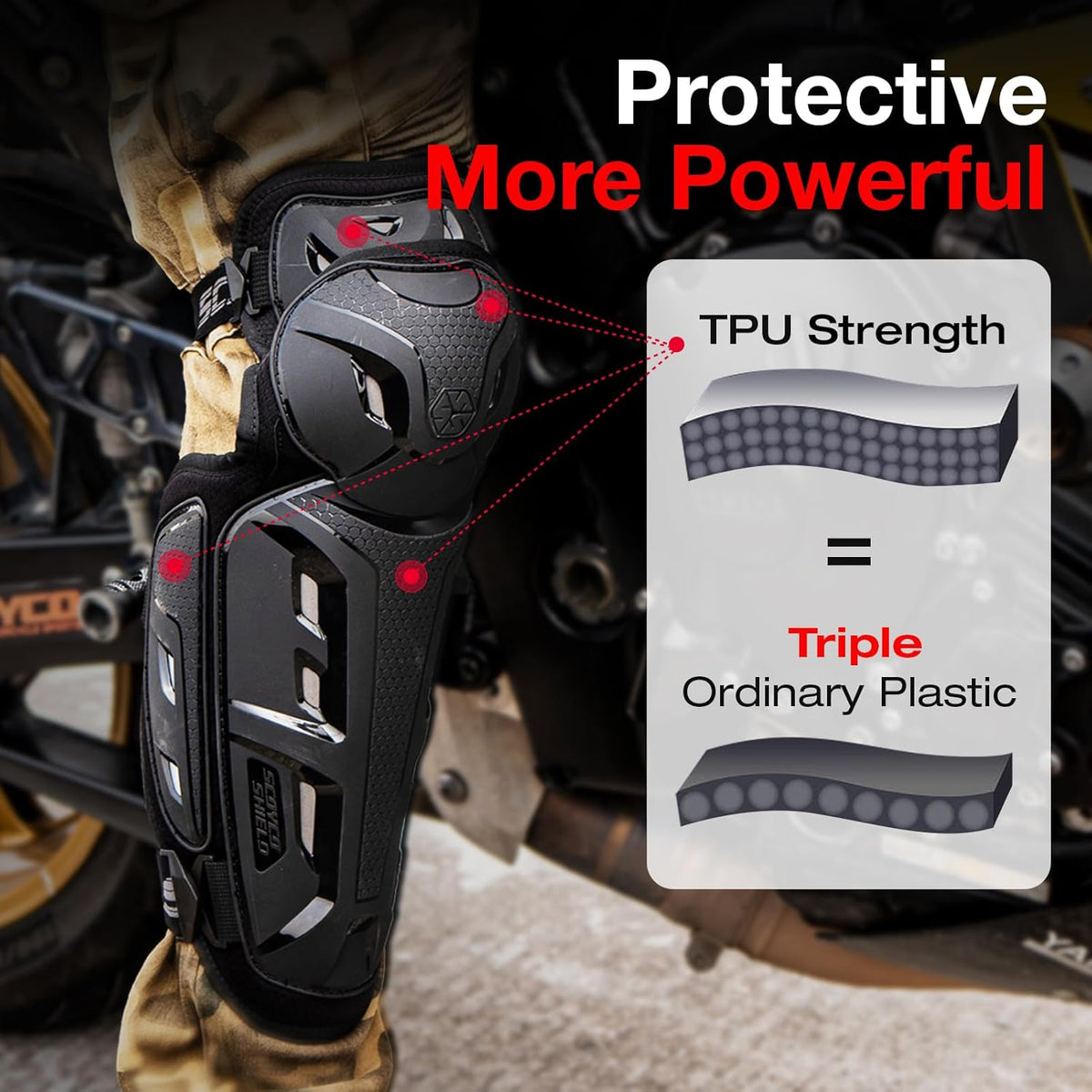 Scoyco Motorcycle Knee Shin Guards for Men - CE Level 1 Motocross Knee Pads Protective Gear with 45°-180° Knee Flexibility Design and Adjustable Elastic Band