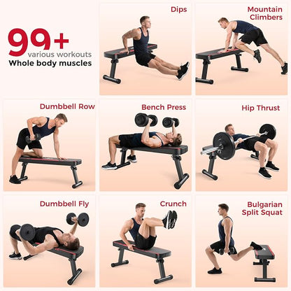 FLYBIRD Foldable Flat Weight Bench for Home Gym, 600/1000 lbs Capacity with Dual Locking for Strength Training, Easy Setup & Storage for Small Apartments, Lifting, Hip Thrust, Dumbbell Workout (B-Red-01)