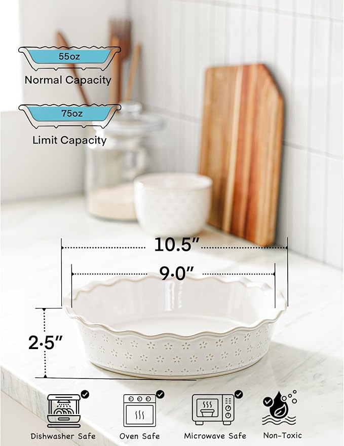 Deep Pie Dish for Baking, Ceramic Pie Pan for Apple Pie, Tart, Quiche Baking Dish, Farmhouse Decor Pie Plate, Deep Dish Pie Pan, Oven Safe, Off-White