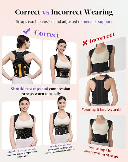 Posture Corrector for Women and Men, Full Back Support Brace, Adjustable Shoulder Straightener, Improving Posture, Relief Upper and Lower Back, Neck Pain, Black Yellow, Large