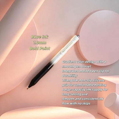 Fengtaiyuan Retractable Gel Pens, 1.0mm Bold Point Quick Dry True Blue Ink, 6 Pack, Gradient Black-White Barrel with Ergonomic Non-Slip Grip, Smooth Writing for Color Coding Grading Office School