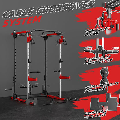 Smith Machine, Power Rack with LAT Pulldown System, Power Cage with Cable System, Squat Rack for Home Gym with Chest Press Machine, Spotter Arms, Leg Curl Attachment and More