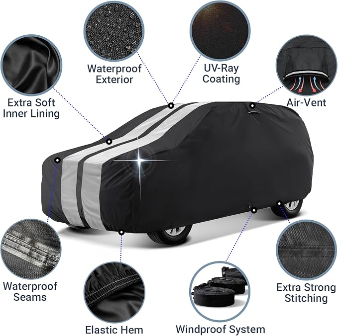 iCarCover Premium Heavy Duty SUV Car Cover - Waterproof All Weather Rain Snow UV Protection, CJ-5, Wrangler, FJ40, Tracker 2-Door, Sidekick 2-Door, Size S56 (See Size Chart), Stripe - Black/Gray