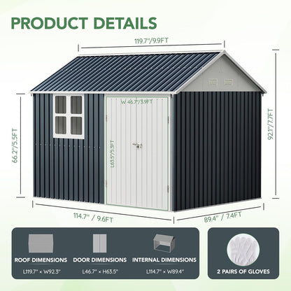 10X8FT Outdoor Steel Storage Shed with Lockable Doors, One Window,Ideal for Garden, Backyard, Patio Storage