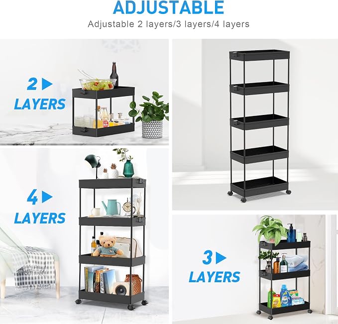 SPACEKEEPER 5-Tier Rolling Cart, Bathroom Storage Organizer Utility Cart, Mobile Shelving Unit Slide Out Shelves for Kitchen Living Room Laundry Room & Dressers, Black