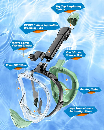 QingSong Full Face Snorkel Mask for Adults, Snorkeling Gear with Camera Mount, 180 Degree Panoramic View Snorkel Set Anti-Fog Anti-Leak