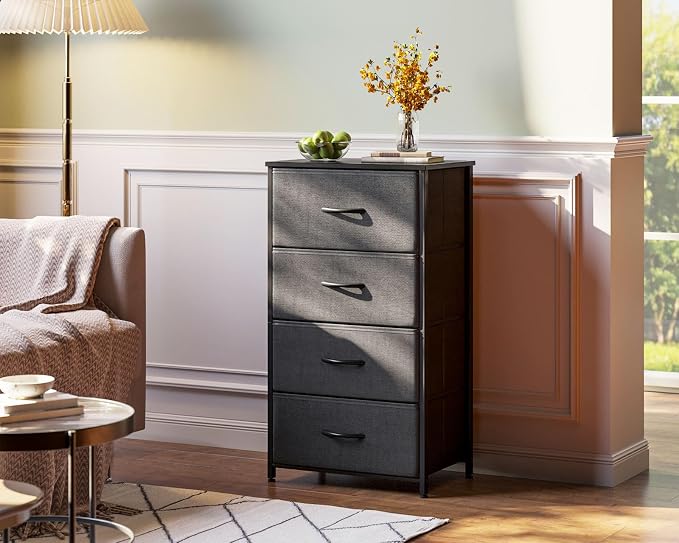 AODK Dresser for Bedroom with 4 Storage Drawers, Small Dressers Chest of Drawers Fabric Dressers with Sturdy Steel Frame, Dresser for Closet with Wood Top, Dark Grey