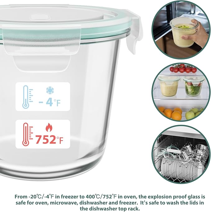 3 Cup Glass Meal Prep Containers With Turquoise Lids, Airtight 23oz glass Storage Container Set, Heat-Resistant BPA-Free for feeding the Southern Starter, Microwave, Dishwasher, Freezer Safe (4 Packs)