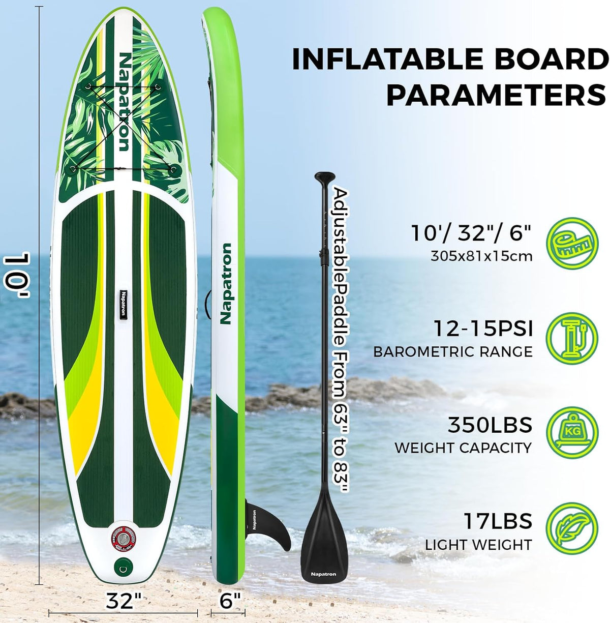 Napatron Family Inflatable Stand Up Paddle Board, Sup,Stable Wide Design,350LBS Capacity,Complete Paddle Board Package with Fast Action Pump,Leash,Ideal for Beginners/Youth & AllSkill Levels
